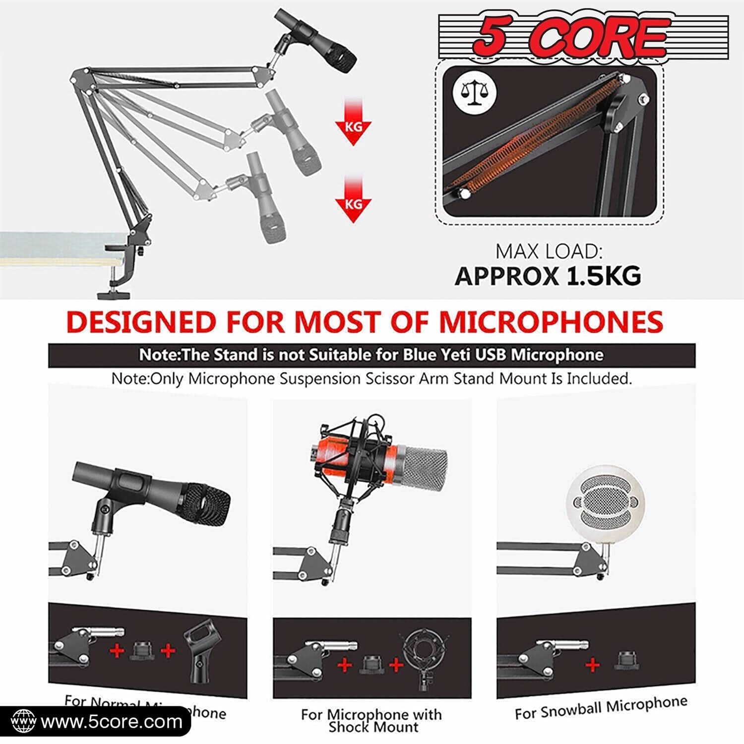 5Core Microphone Boom Arm Desk Mic Stand Adjustable Clamp Suspension Boom Stands BLACK by My Store 4