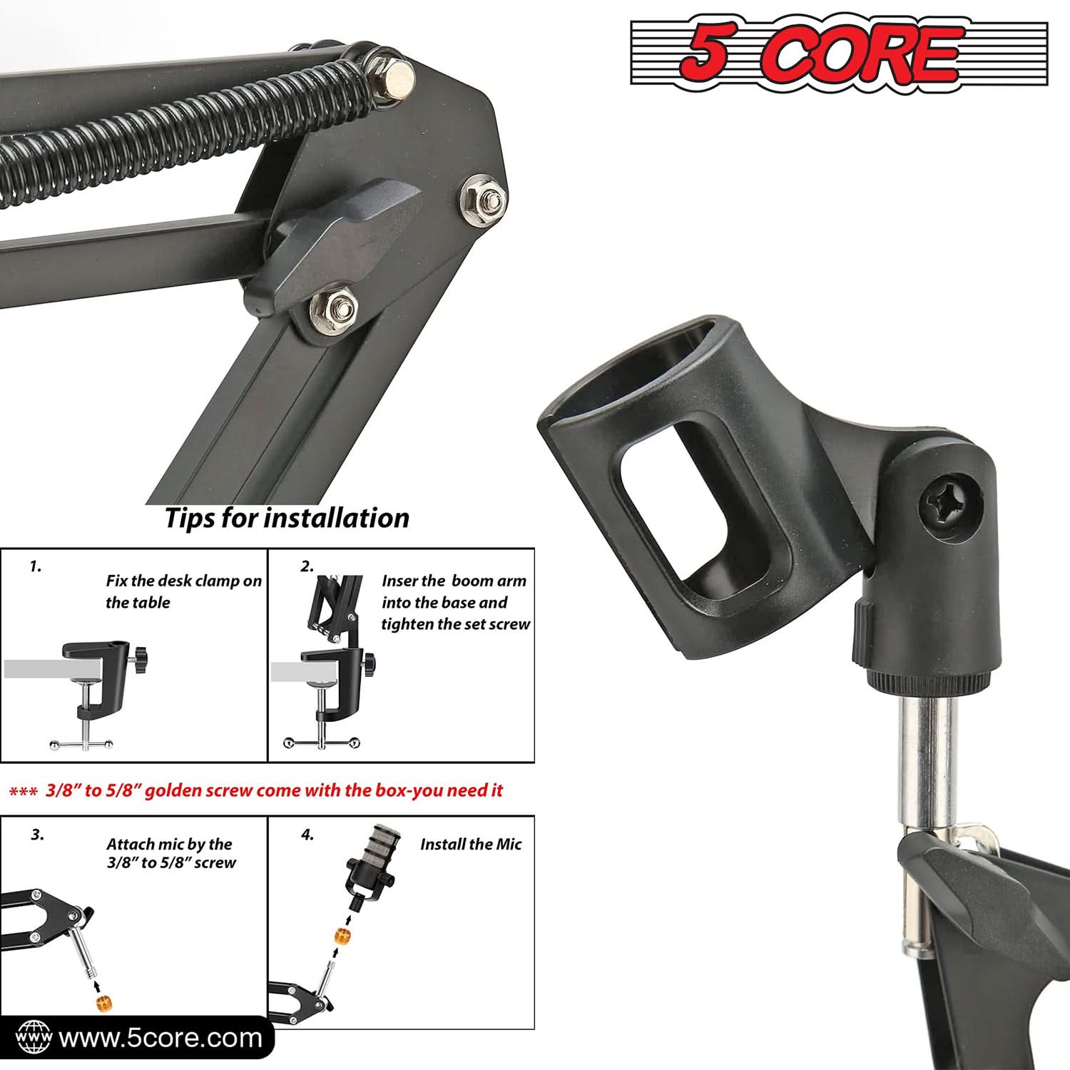 5Core Microphone Boom Arm Desk Mic Stand Adjustable Clamp Suspension Boom Stands BLACK by My Store 4