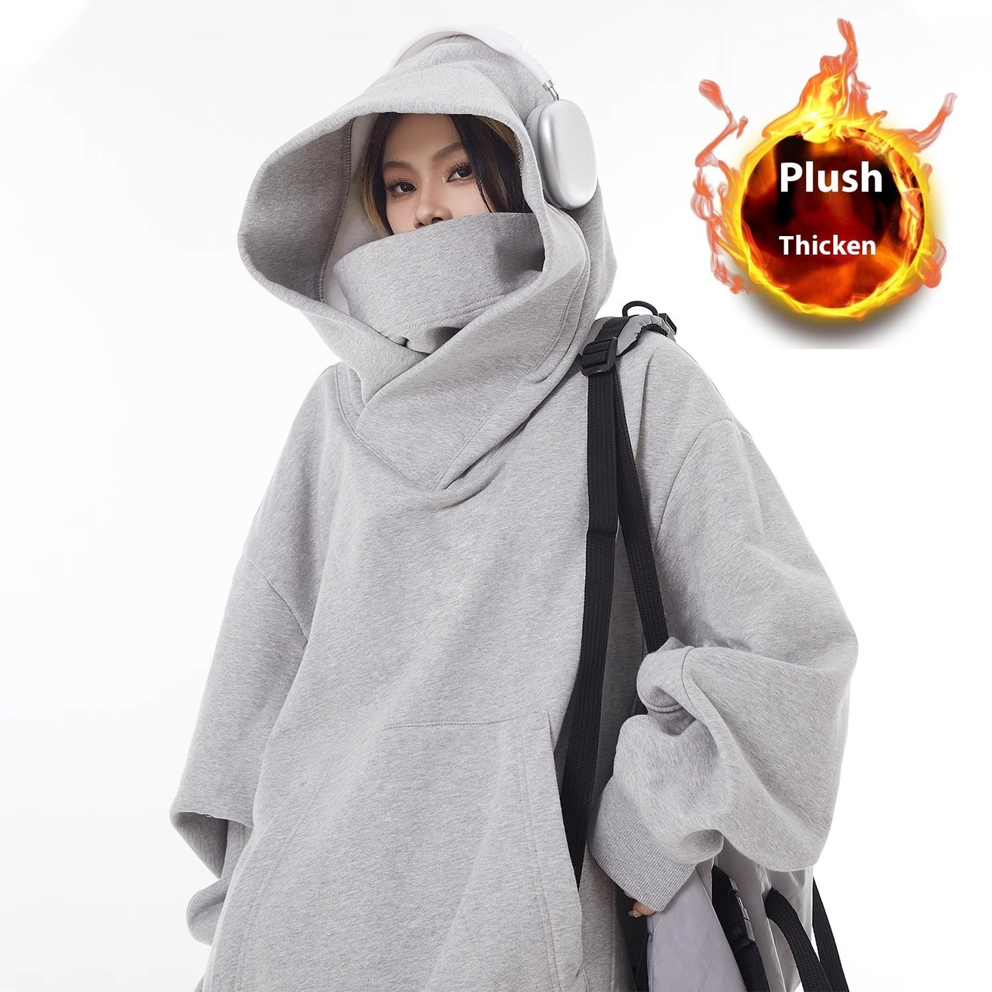Loose High Collar Fleece Lined Hoodie by My Store 4