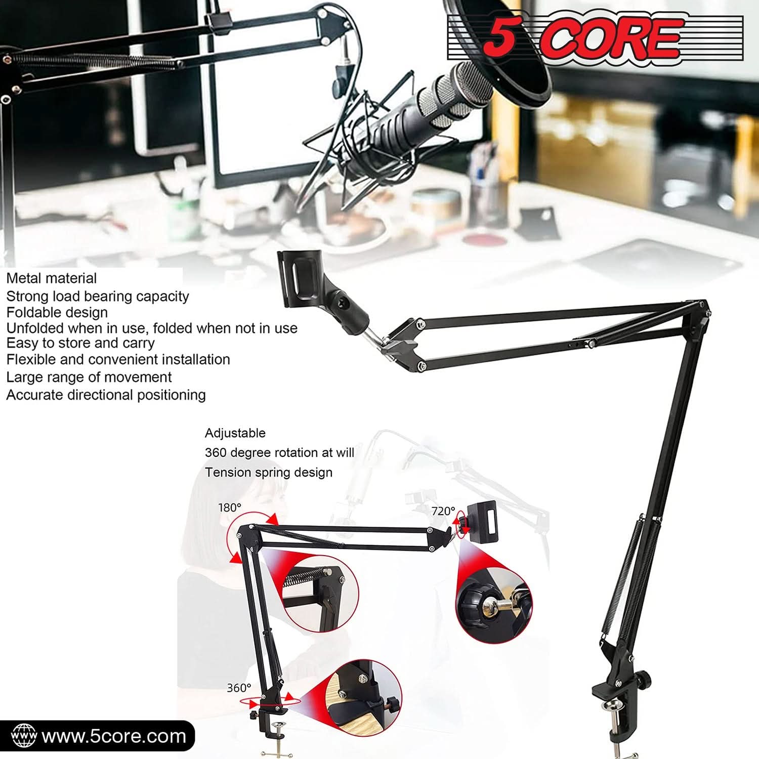 5Core Microphone Boom Arm Desk Mic Stand Adjustable Clamp Suspension Boom Stands BLACK by My Store 4