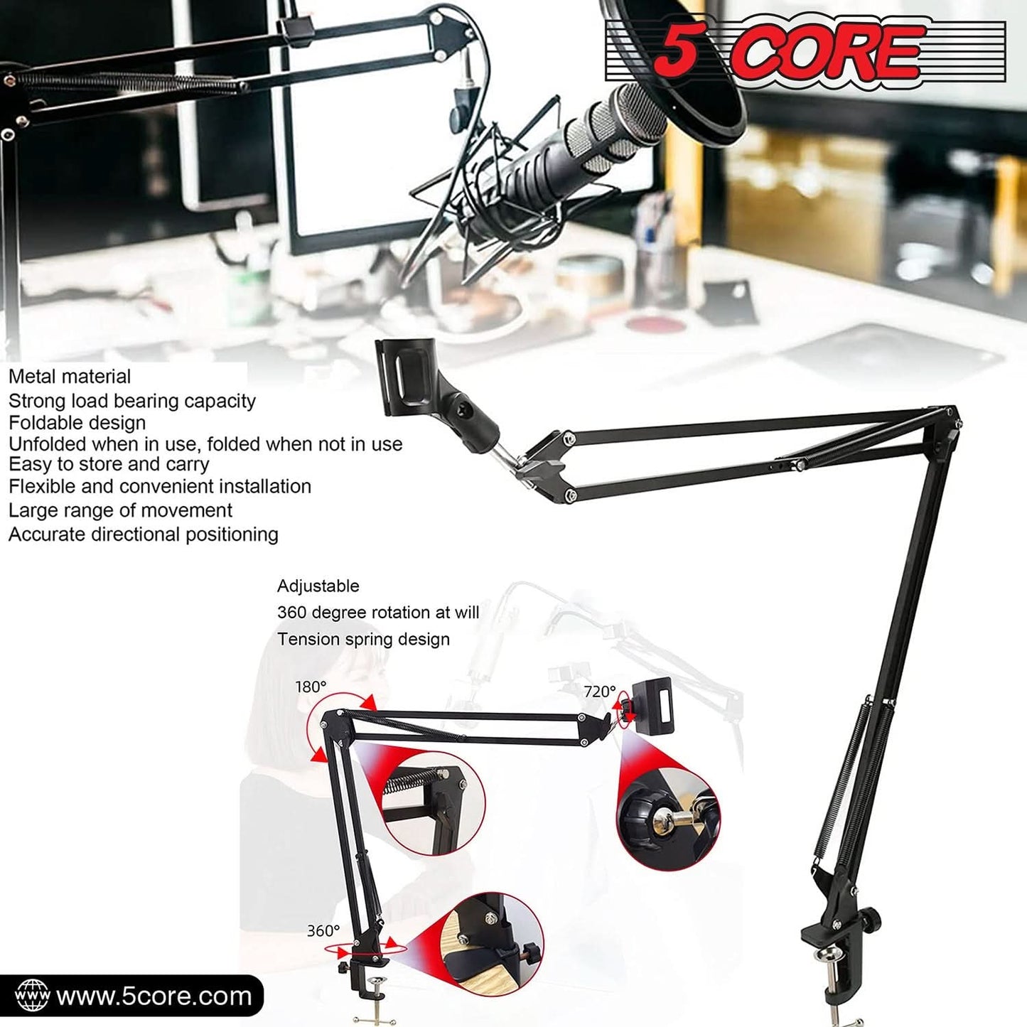 5Core Microphone Boom Arm Desk Mic Stand Adjustable Clamp Suspension Boom Stands BLACK by My Store 4