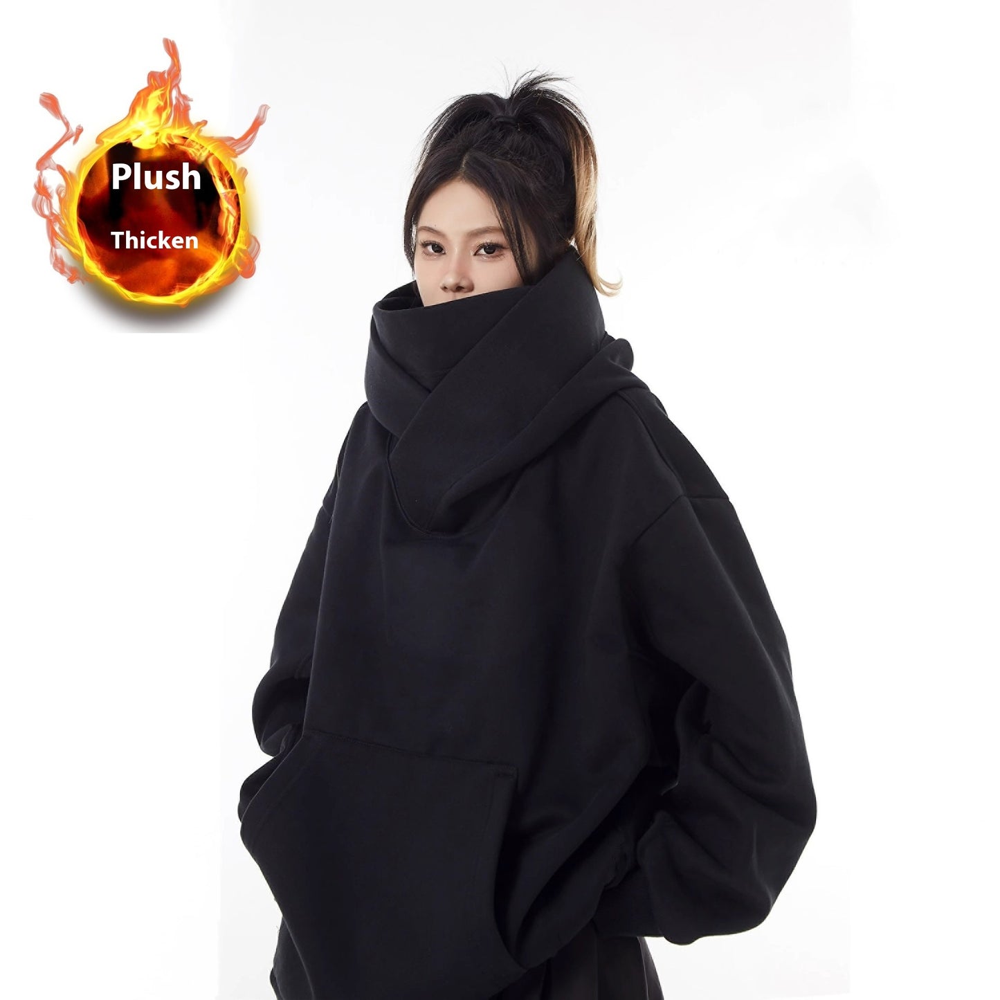 Loose High Collar Fleece Lined Hoodie by My Store 4
