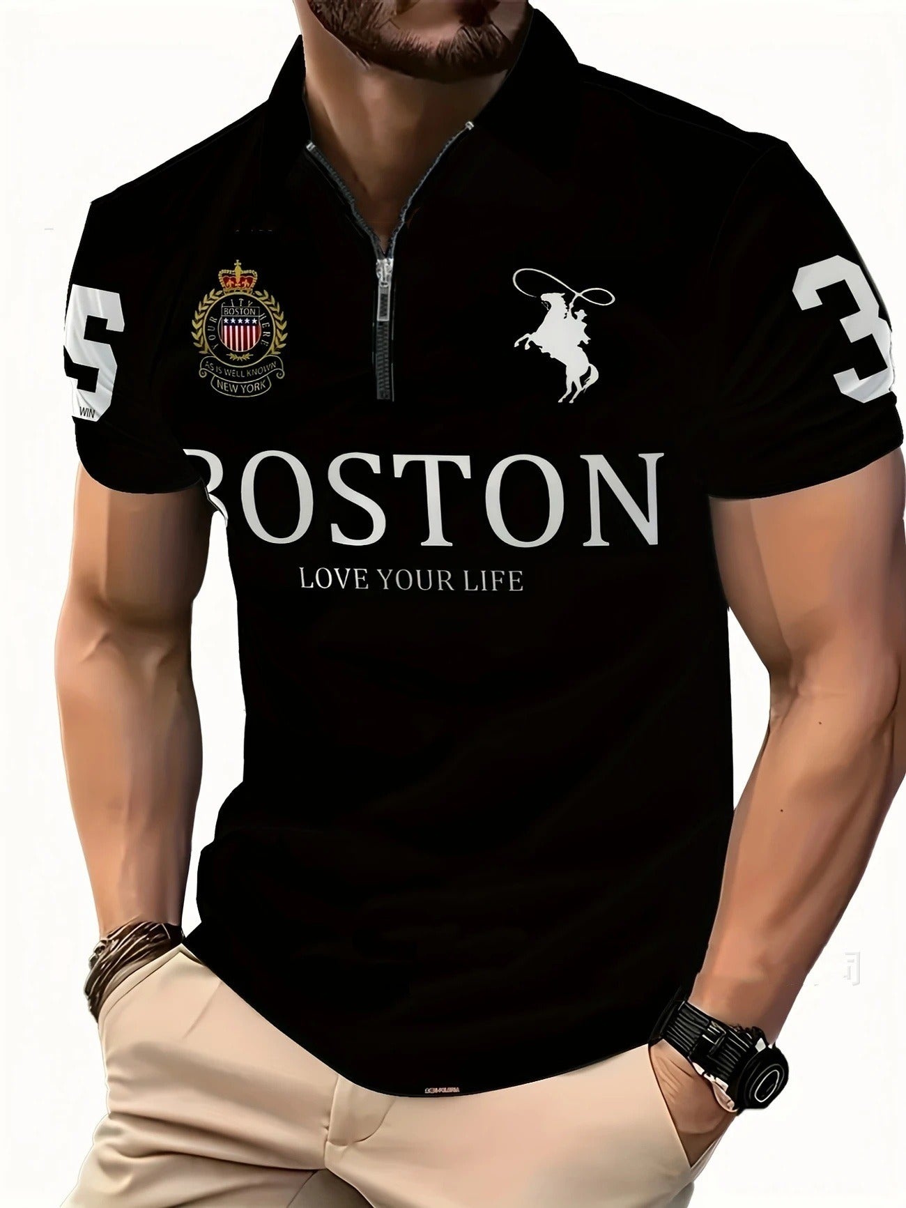 Men's 3D Digital Print Zip-Up Polo Shirt by My Store 4