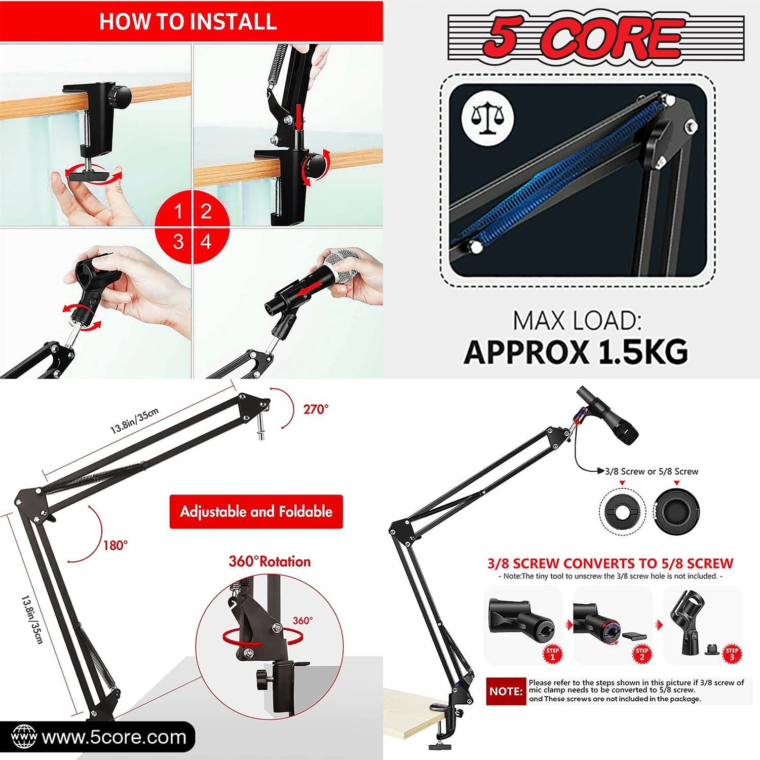 5Core Microphone Boom Arm Desk Mic Stand Adjustable Clamp Suspension Boom Stands BLACK by My Store 4